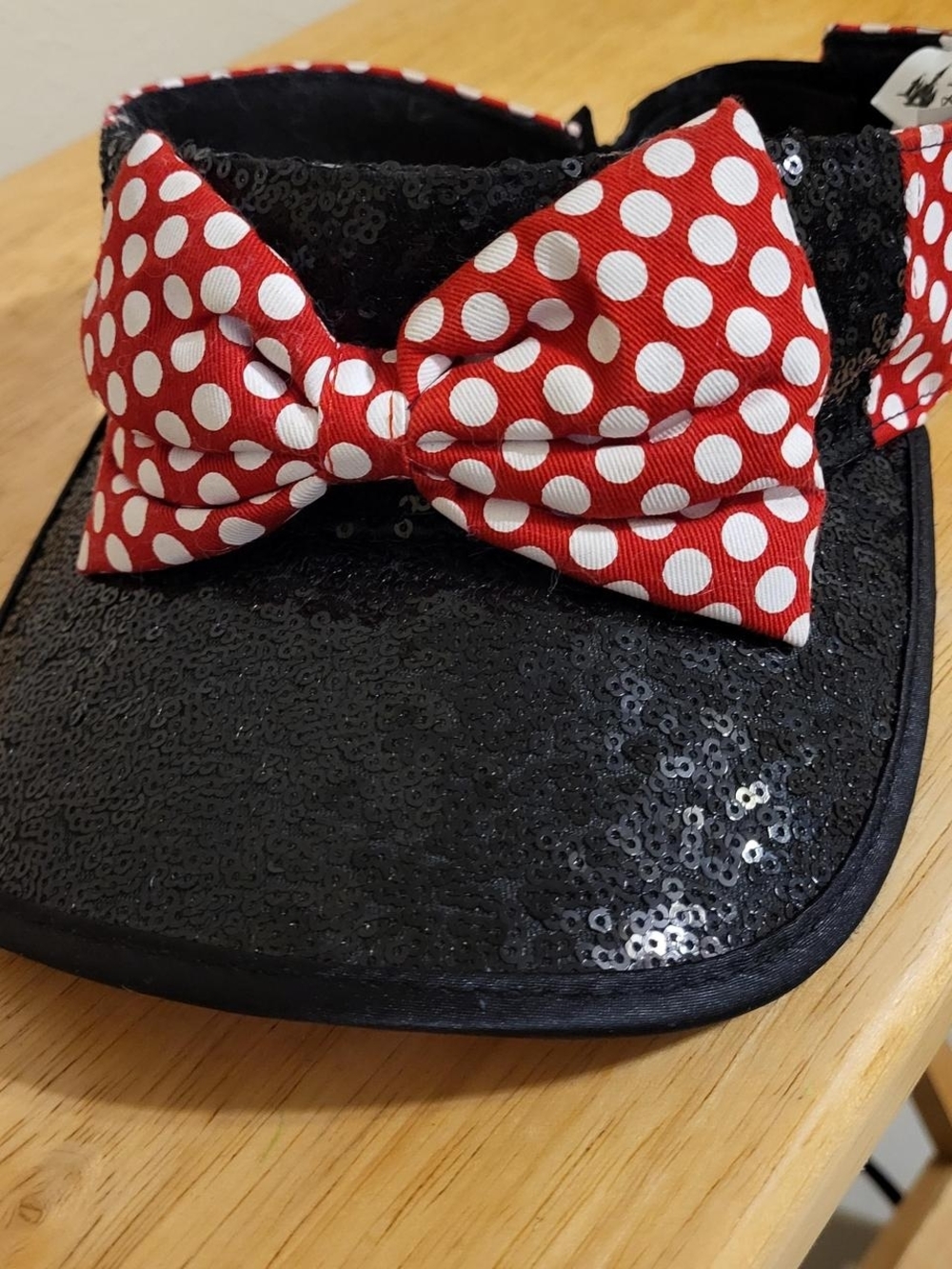 Disney Kids Black Sequin Visor with Red and White Polka Dot Bow